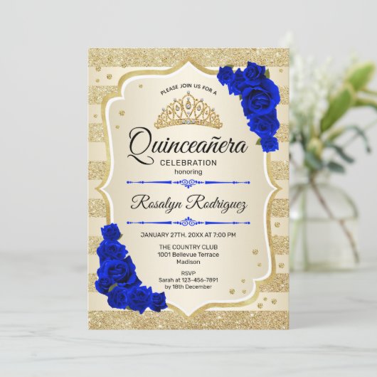 Quinceanera - Gold Stripes Royal Blue Kaart (Staand voorkant)