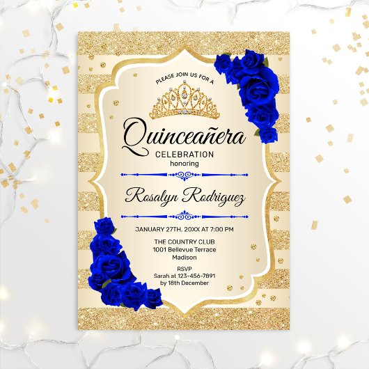 Quinceanera - Gold Stripes Royal Blue Kaart