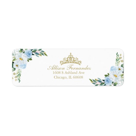 Quinceanera Gold Tiara Baby Blue Floral Etiket (Voorkant)