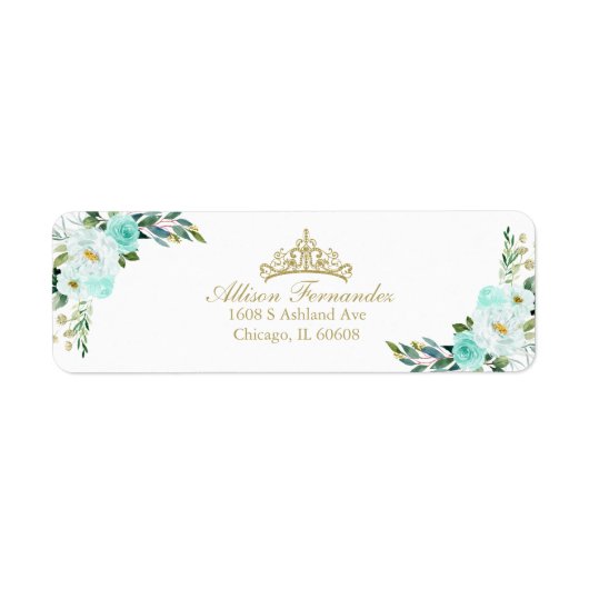 Quinceanera Gold Tiara Blauwgroen Floral Etiket (Voorkant)