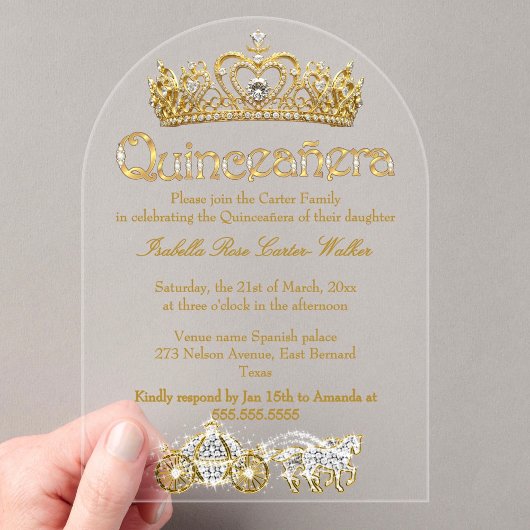 Quinceanera Gold Tiara Diamonds Princess Carriage Acryl Uitnodigingen