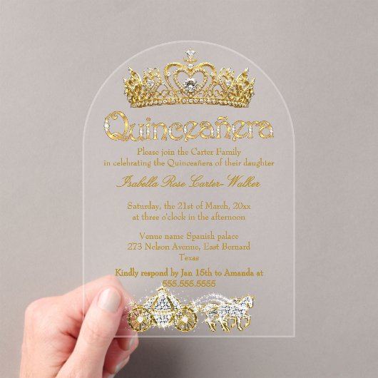 Quinceanera Gold Tiara Diamonds Princess Carriage Acryl Uitnodigingen (Insitu (Draagbaar))