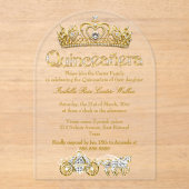 Quinceanera Gold Tiara Diamonds Princess Carriage Acryl Uitnodigingen (Voorkant)