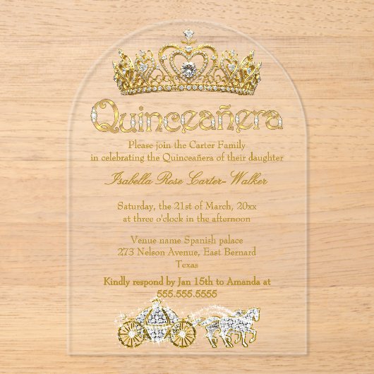 Quinceanera Gold Tiara Diamonds Princess Carriage Acryl Uitnodigingen (Voorkant)