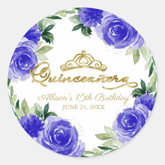 Quinceanera Gold Tiara Royal Blue Floral Ronde Sticker (Voorkant)