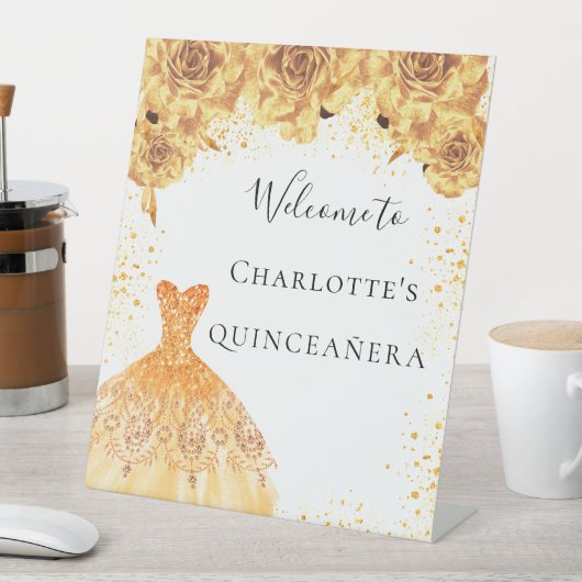 Quinceanera Gold White-kledingpartij welkom Reclamebord Met Voetstuk (Insitu)