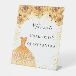 Quinceanera Gold White-kledingpartij welkom Reclamebord Met Voetstuk