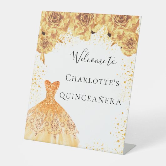 Quinceanera Gold White-kledingpartij welkom Reclamebord Met Voetstuk (Voorkant)