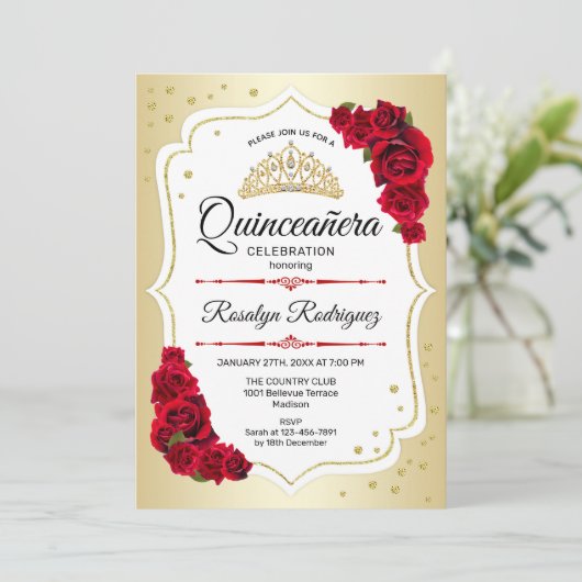 Quinceanera - Gold White Red Kaart (Staand voorkant)