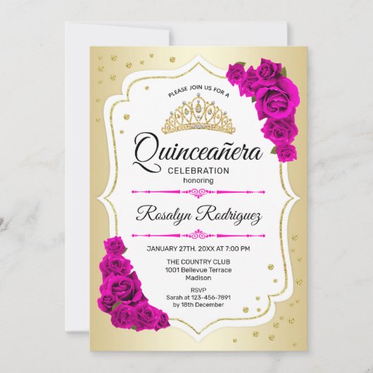 Quinceanera - Gold White roze Kaart (Voorkant)