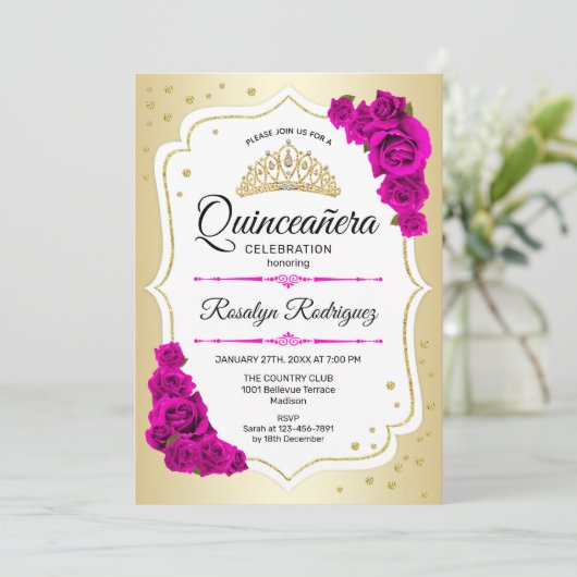 Quinceanera - Gold White roze Kaart (Staand voorkant)