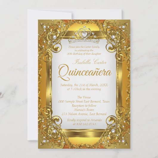 Quinceanera Golden White Pearl Lace Tiara Party Kaart (Voorkant)