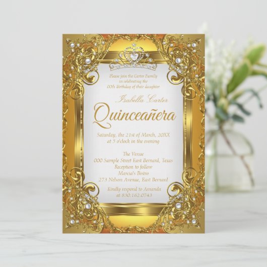 Quinceanera Golden White Pearl Lace Tiara Party Kaart (Staand voorkant)