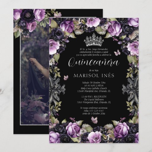 Quinceañera Gótica Morada y Negra con Flores Moody Kaart (Voorkant / Achterkant)