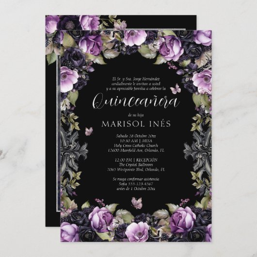 Quinceañera Gótica Morada y Negra con Flores Moody Kaart (Voorkant / Achterkant)