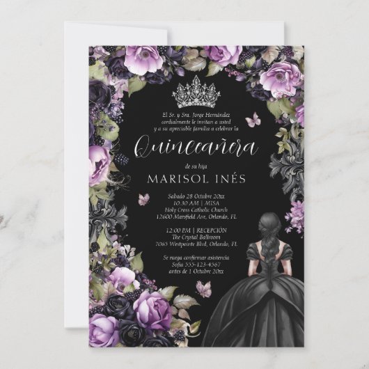 Quinceañera Gótica Morada y Negra con Flores Moody Kaart (Voorkant)