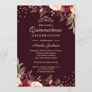Quinceanera Goud Bourgondië bloem Schittering Kaart