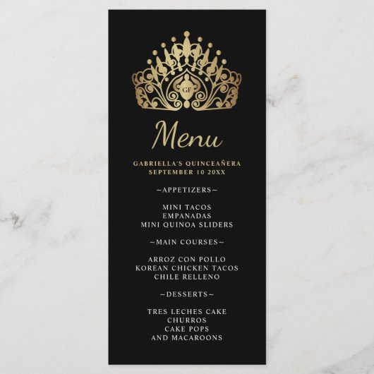 Quinceanera Goud en Zwarte Prinses Tiara Kroon Menu (Voorkant)