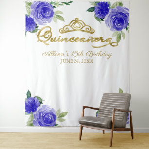 Quinceanera Goud Folie Tiara Blauwe Bloemstuk Acht Wandkleed