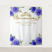 Quinceanera Goud Folie Tiara Blauwe Bloemstuk Acht Wandkleed (Voorkant)