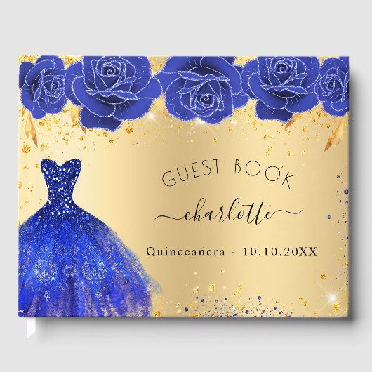Quinceanera goud koninklijk blauw jurkje bloemen g gastenboek (Voorkant)
