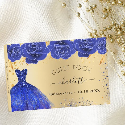 Quinceanera goud koninklijk blauw jurkje bloemen g gastenboek