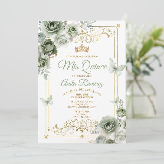 Quinceañera Goud & Salie Groene Mexicaanse Vlinder Kaart (Staand voorkant)