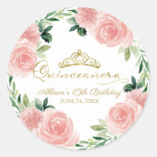 Quinceanera Goud Tiara Blush Roze Bloemen Classic  Ronde Sticker