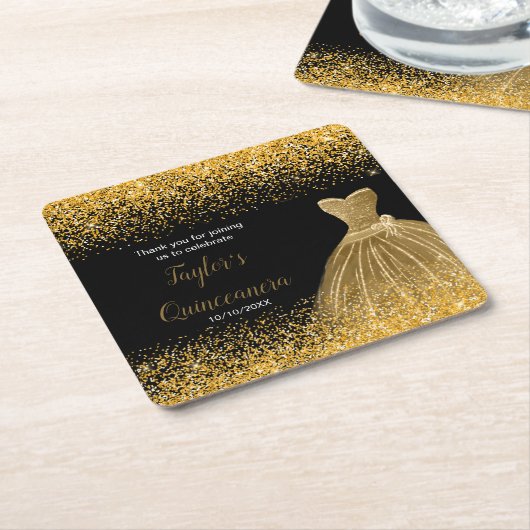 Quinceanera gouden faux glitter kartonnen onderzetters (Schuin)
