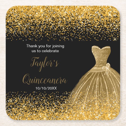 Quinceanera gouden faux glitter kartonnen onderzetters (Voorkant)