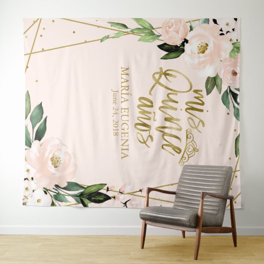 Quinceanera Gouden Folie Blush Roze Bloemenachterg Wandkleed (In Situ (horizontaal))