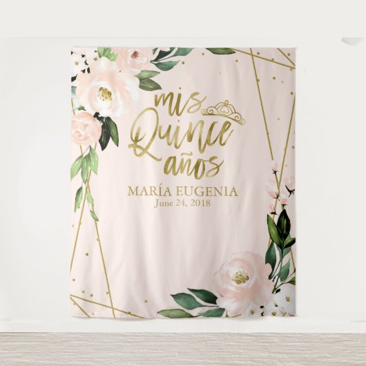 Quinceanera Gouden Folie Blush Roze Bloemenachterg Wandkleed (Voorkant)