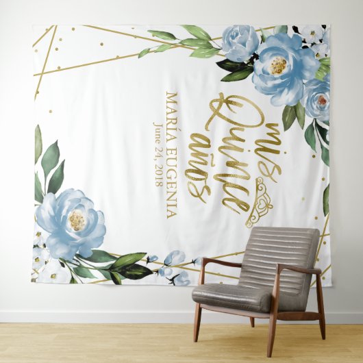 Quinceanera Gouden Folie Stoffig Blauw Bloemen Ach Wandkleed (In Situ (horizontaal))