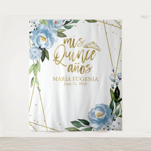 Quinceanera Gouden Folie Stoffig Blauw Bloemen Ach Wandkleed (Voorkant)
