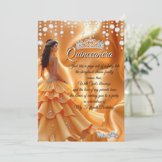 Quinceanera Gouden Geel Sinaasappel Koets Tiara Kaart (Staand voorkant)