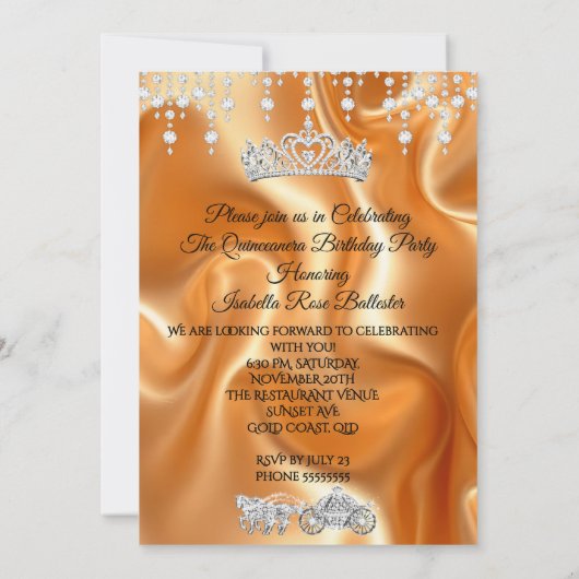 Quinceanera Gouden Geel Sinaasappel Koets Tiara Kaart (Achterkant)