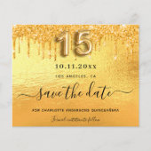 Quinceanera gouden glitter drip save the date kaar (Voorkant)