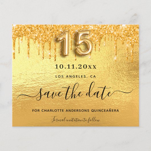 Quinceanera gouden glitter drip save the date kaar (Voorkant)