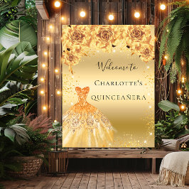 Quinceanera gouden glitter jurk bloemen welkom poster