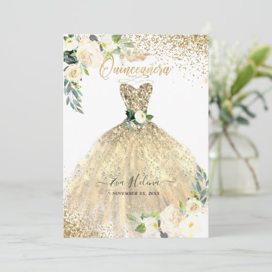 Quinceañera, Gouden Glitters Gown Cream Rozen Kaart (Staand voorkant)