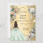 Quinceanera gouden groene jurk bloemen kaart (Voorkant)
