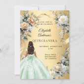 Quinceanera gouden groene jurk bloemen kaart (Voorkant)