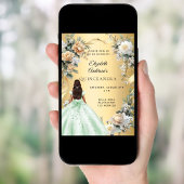 Quinceanera gouden groene jurk bloemen kaart