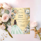 Quinceanera gouden groene jurk bloemen kaart