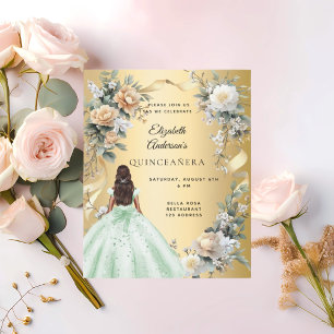 Quinceanera gouden groene jurk bloemen uitnodiging