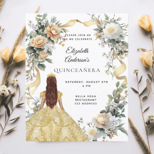 Quinceanera gouden jurk bloemen groen uitnodiging