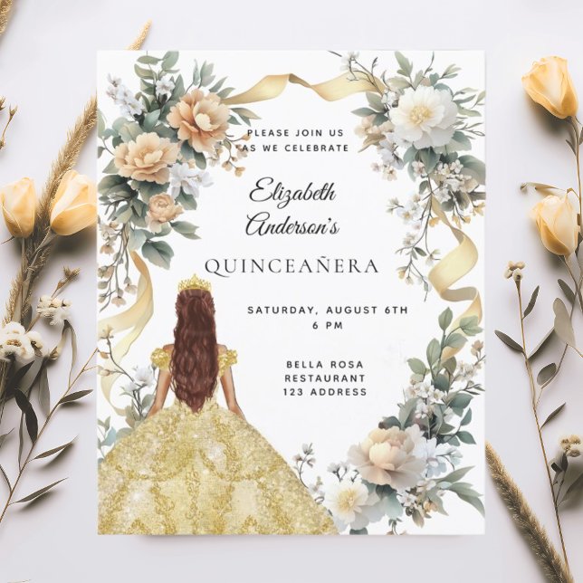 Quinceanera gouden jurk bloemen groen uitnodiging (Creator heeft geüpload)