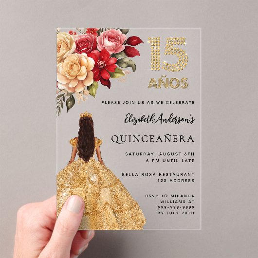 Quinceanera gouden jurk bloemen rozen duidelijk acryl uitnodigingen (Insitu (Draagbaar))