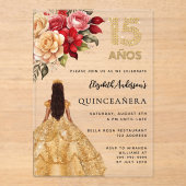 Quinceanera gouden jurk bloemen rozen duidelijk acryl uitnodigingen (Voorkant)