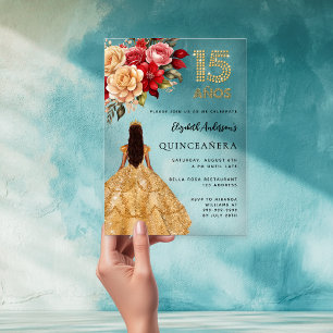 Quinceanera gouden jurk bloemen rozen helder acryl uitnodigingen